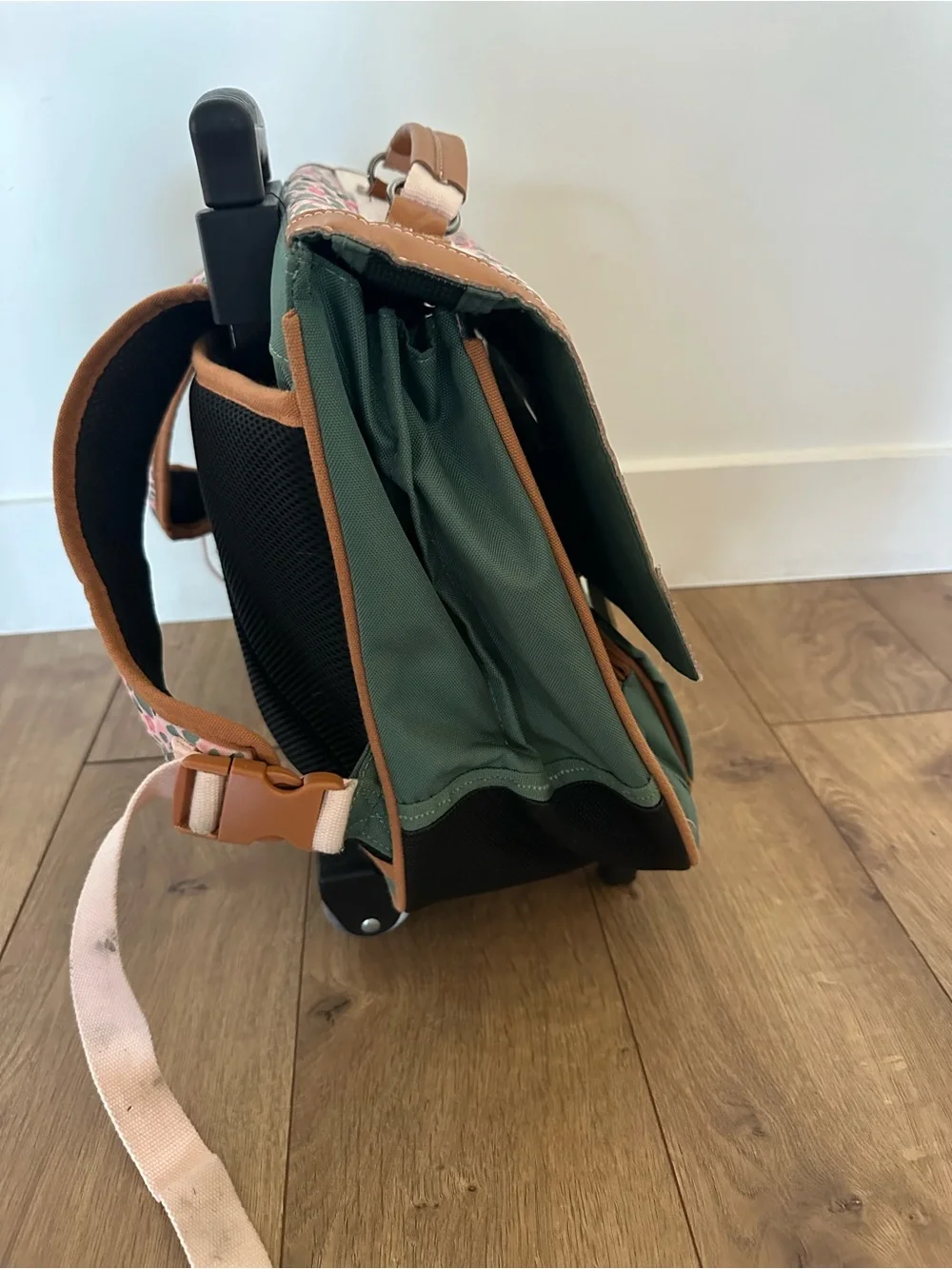Tann’s Green and Pink Floral Rolling School Satchel Trolley backpack